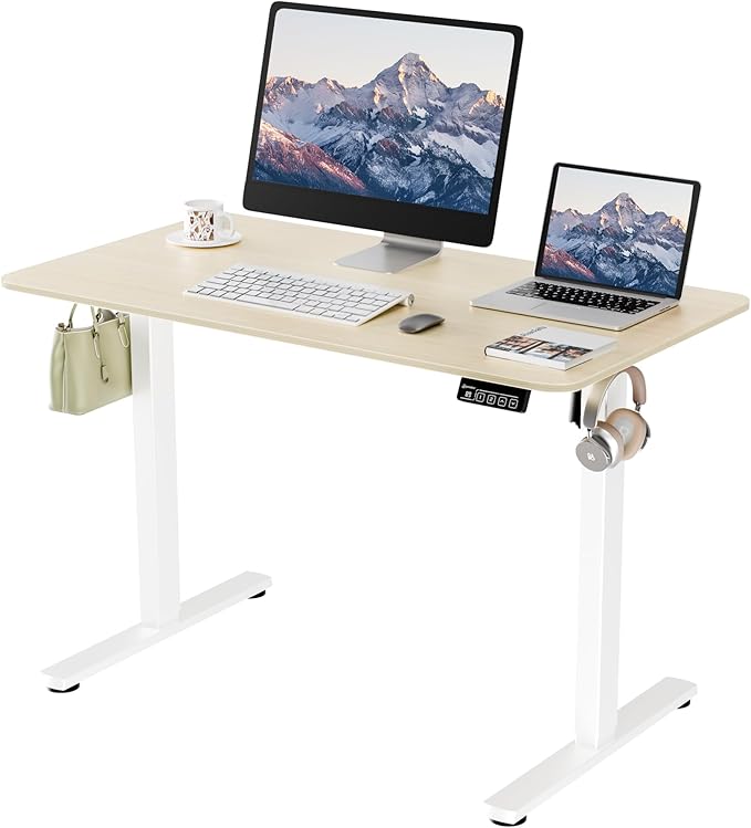 ERGOMAKER Electric Standing Desk, 43.3" x 23.6" Height Adjustable Sit Stand Desk with Splice Board for Home Office, Computer Desk Memory Preset (White Frame, Gold Oak Desktop)