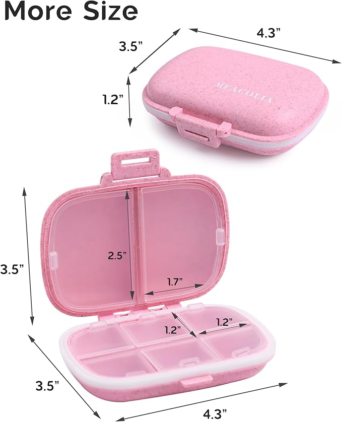 8 Compartments Travel Pill Organizer, Daily Pill Case Small Pill Box for Pocket Purse, Portable Pill Container Medicine Vitamin Organizer (Pink)