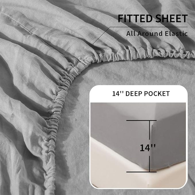 Simple&Opulence Belgian Linen Sheet Set Solid Color - 4 Pieces (1 Flat Sheet, 1 Fitted Sheet & 2 Pillowcases) Natural Flax Cotton Blend Soft Breathable Farmhouse Bedding - Full Size, Grey