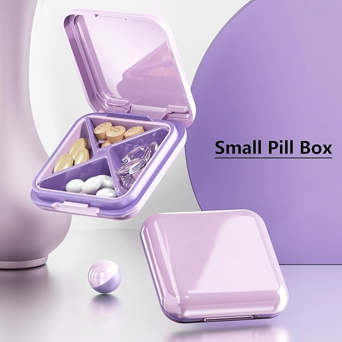 Small Pill Box Waterproof Travel Pill Case Portable Daily Pill Container Pill Holder Purse 4 Compartments Compact Medicine Organizer for Vitamin,Fish Oils,Supplements,Medication (Purple)