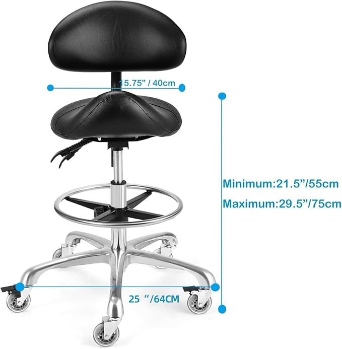 Saddle Stool Chair with Backrest and Footrest- Ergonomic Rolling Saddle Stools Hydraulic Swivel Adjustable Stool Esthetician Chair for Massage Beauty Salon Tattoo Dentist Clinic Home Office (Black)