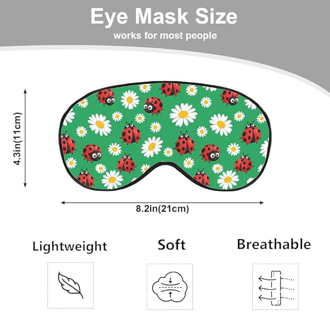 Ladybirds Daisy Sleep Mask Eye Mask Lady Beetle Ladybug Flying Insect Flowers Nature Green Sleep Mask Light Blocking Adjustable Soft Eye Masks for Women Deep Rest Travel