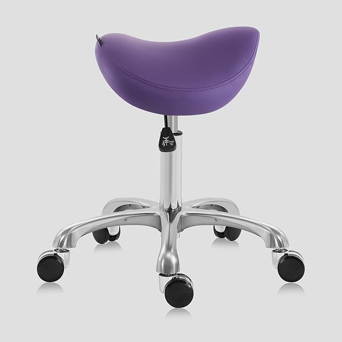 Haku 506 Series Ergonomic Saddle Stool, Adjustable Pneumatic Swivel Rolling Stool with Wheels for Salon, Medical, Spa, Tattoo, Home and Office, English Violet