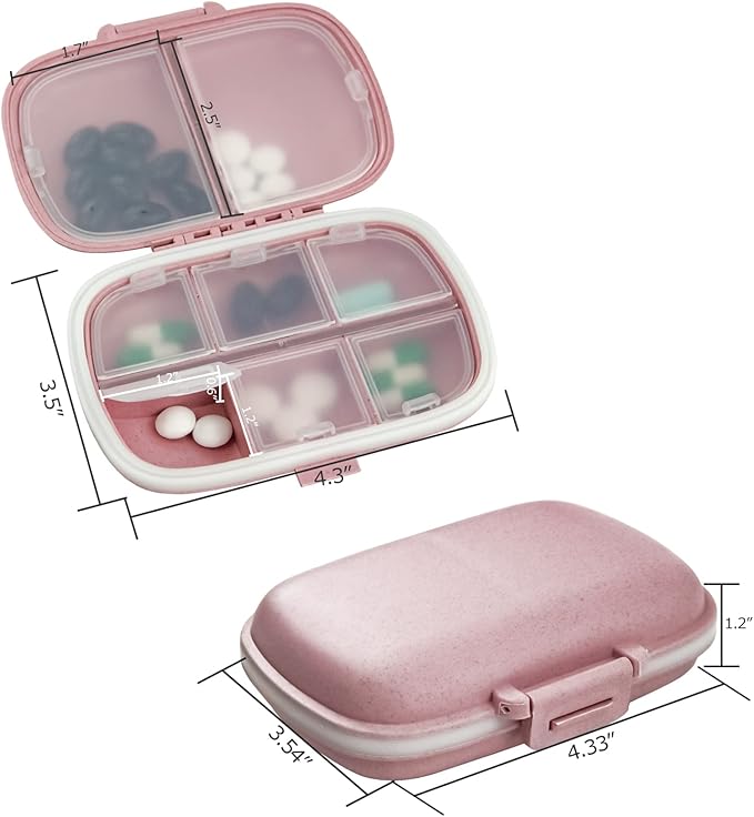 4PCS Travel Pill Organizer, 8 Compartments Portable Pill Case, Small Pill Box for Pocket Purse Portable Medicine Vitamin Container (Green+Blue+Pink+Beige)