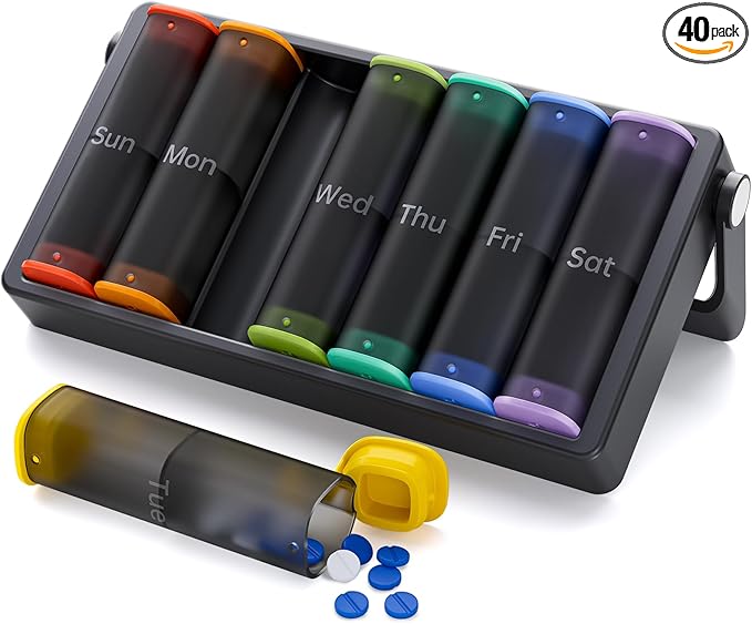 Weekly Pill Organizer 2 Times a Day, KOVIUU Large Travel Pill Box 7 Day, Am Pm Twice Daily Pill Case with Rotatable Handle, Pill Holder Container for Vitamin, Medicine, Supplement, Translucent-Black