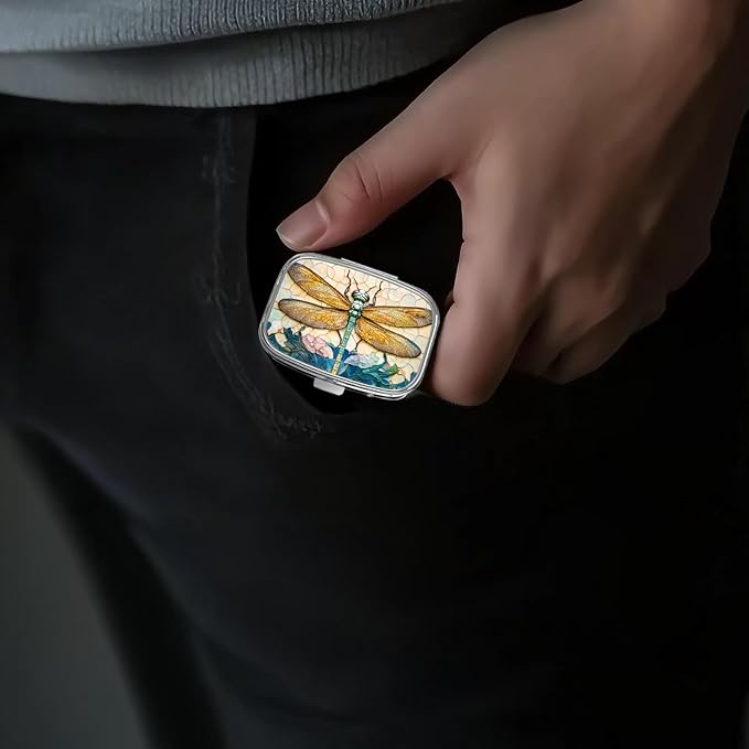 Pill Box-2 Compartment Small Pill Case Portable for Pocket & Purse Single Pill Carrier Pill Container to Hold Vitamins Medication Fish Oil and Supplements BPA-Free(Dragonfly)