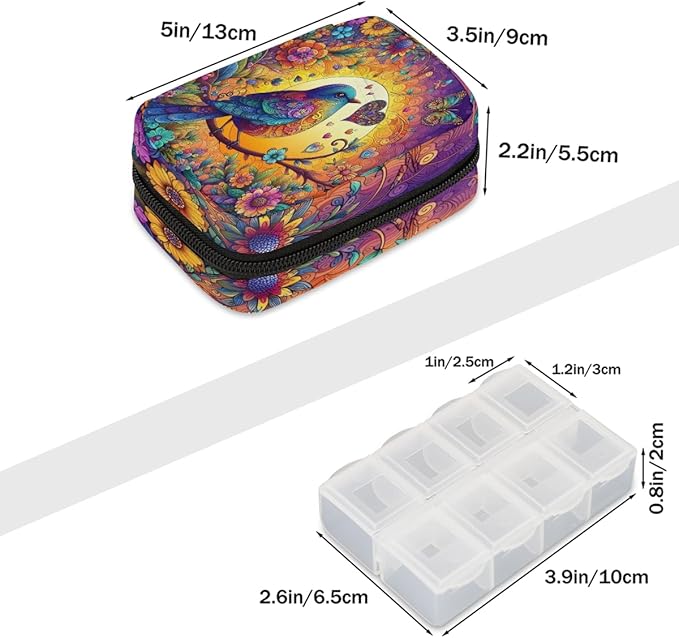 Ethnic Bird Art Pill Case Travel Pill Organizer Weekly 7 Day Portable with Zipper Medicine Box Pill Case for Vitamins, Birth Control,Fish Oils,Medication, Supplements