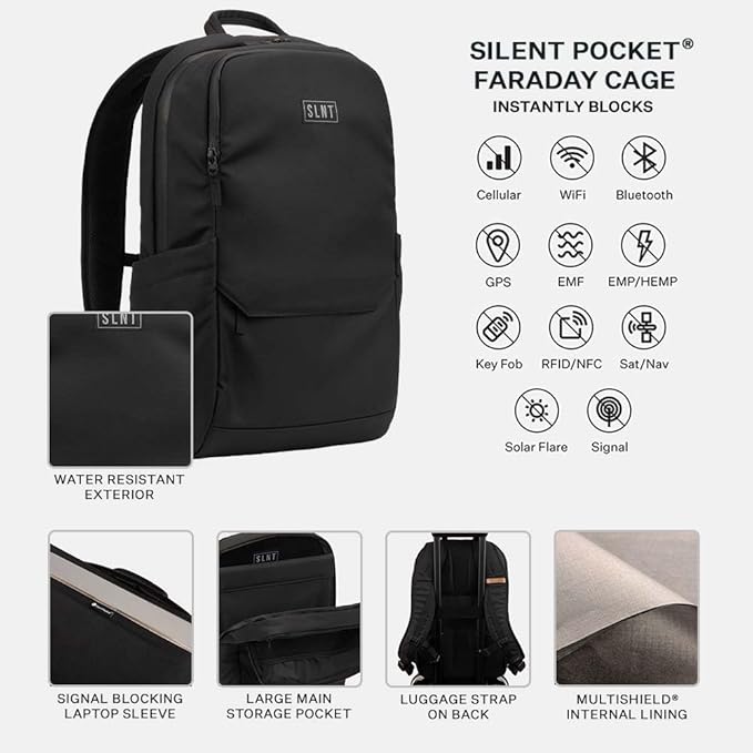 Silent Pocket Essentials Backpack with SLNT Faraday Laptop Sleeve - Signal Blocking, Protects Data & Devices Against Identity Theft - Great for Work, Travel, Hiking, Daily Commute