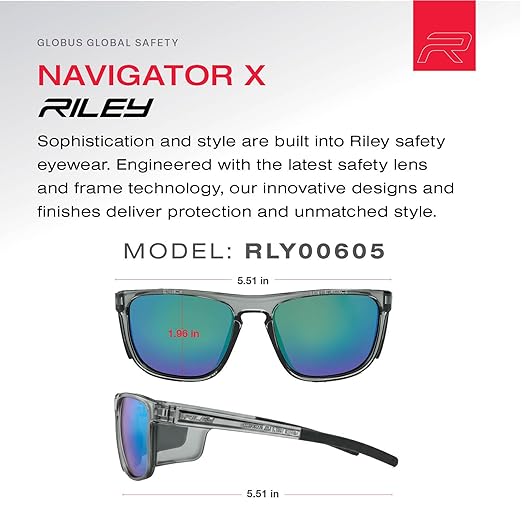Riley Navigator X Safety Glasses – Anti-Fog, Scratch/Impact Resistant & UV Blocking, Lightweight Full-Frame for Work, Outdoors, & Active Lifestyles, Emerald Green Mirror/Gray