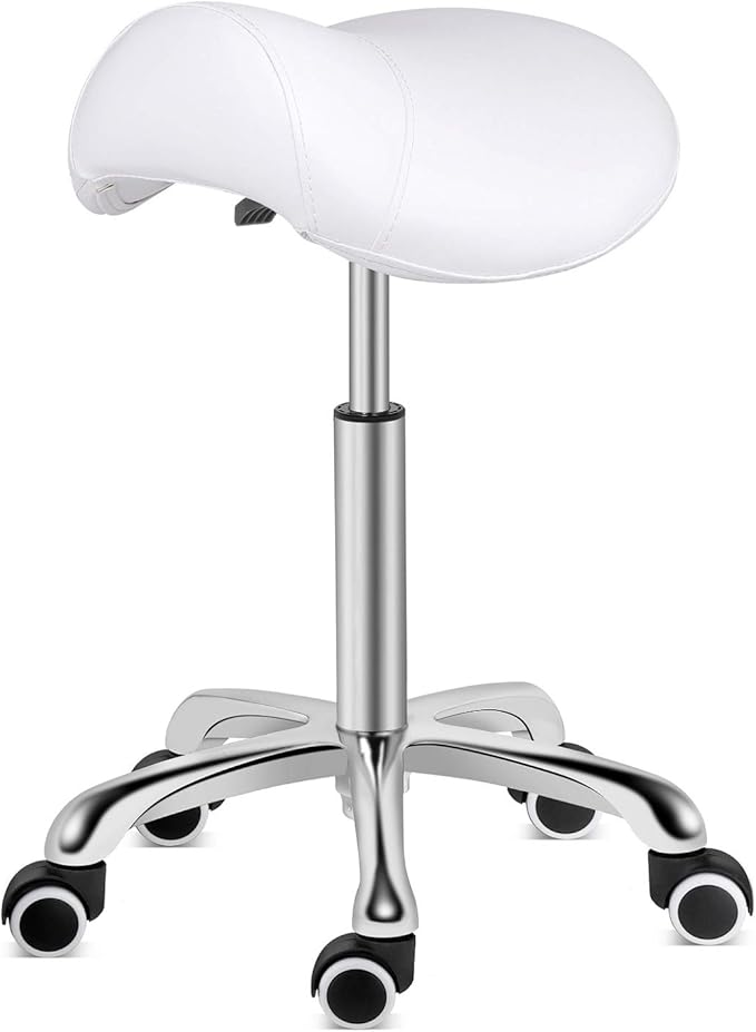 Kaleurrier Saddle Stool Rolling Swivel Height Adjustable with Wheels,Heavy Duty Saddle Chair,Ergonomic Stool Chair for Hair Salon Lab Clinic Dental Massage Home Office Kitchen (White, Without Back)