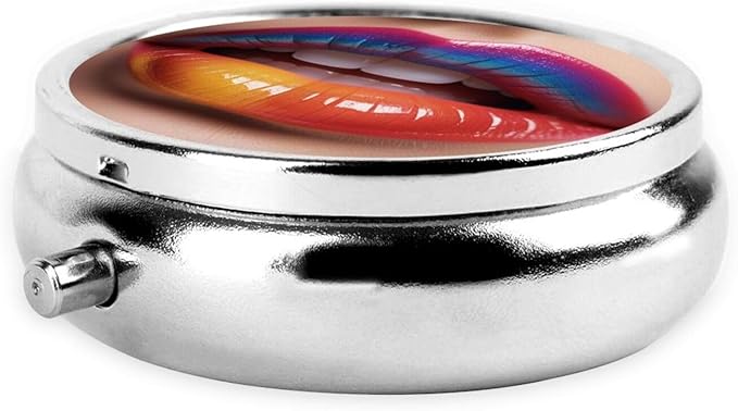 ZhongGuo Colorful Woman Lip Printed Pill Organizer,Round Travel Pill Organizer Mini Medicine Pill Box for Purse Iron Plating