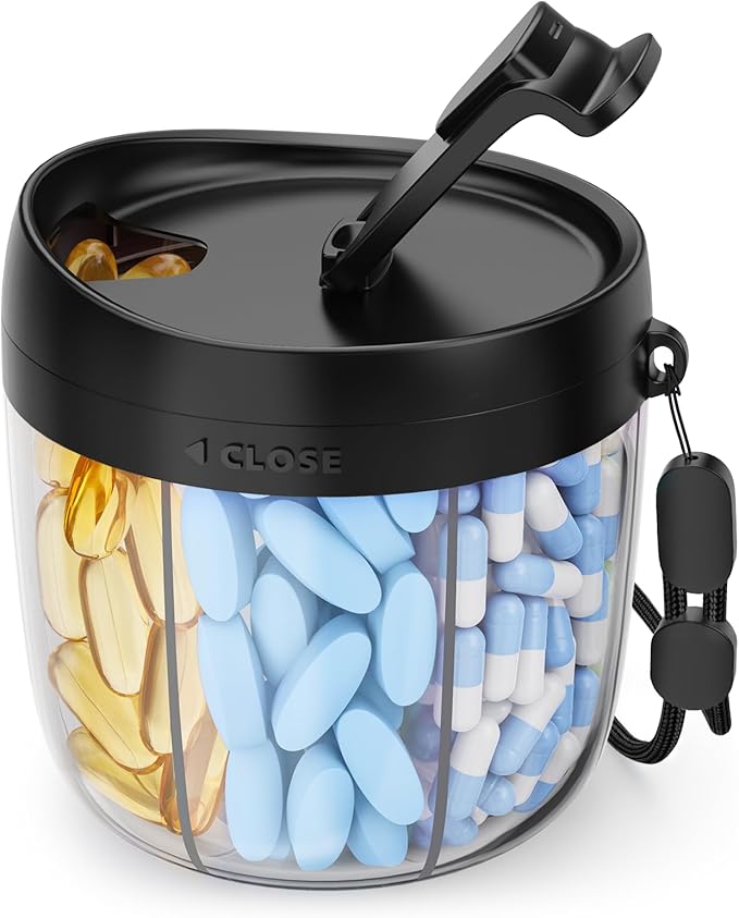 Cute Pill Dispenser with 7 Large Compartments, Portable Pill Bottle Organizer with Wide Opening for Easy Use, Anti-Mix Pill Organizer for Travel, BPA-Free Pill Container, Black