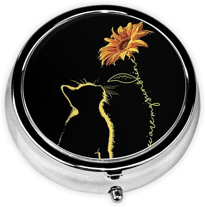 Metal Pill Organizer - 3-Compartment Mini Round Pill Case for Pocket & Purse, Portable Vitamin Holder, Easy-Open Design for Travel - Sunflowers and Cats