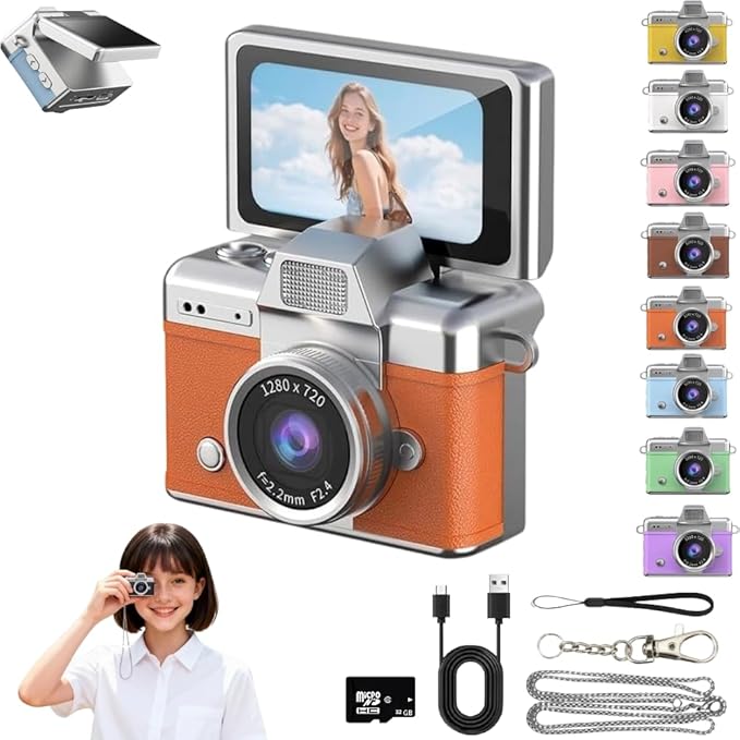 Mini Keychain Digital Camera Retro Mini Digital Video Camera Small bodycam 1080P FHD Recording with 0.96" IPS Screen with 6 Retro Filters AVI Format-Ideal for Phone Transfer (Orange, 32G)