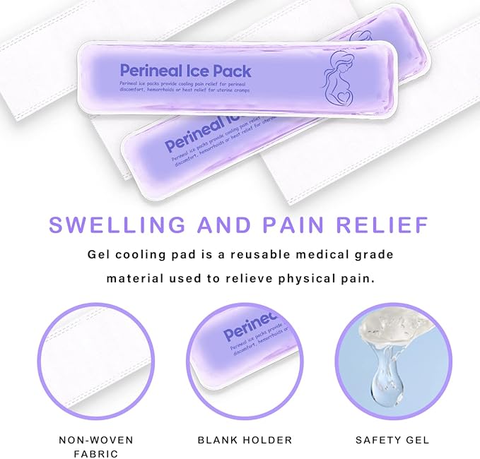 Perineal Ice Packs for Postpartum Reusable, Perineal Cold Packs, Postpartum Hemorrhoid Pain Childbirth Recovery Care, 2 Gel Pads+5 Washable Sleeves (Purple)