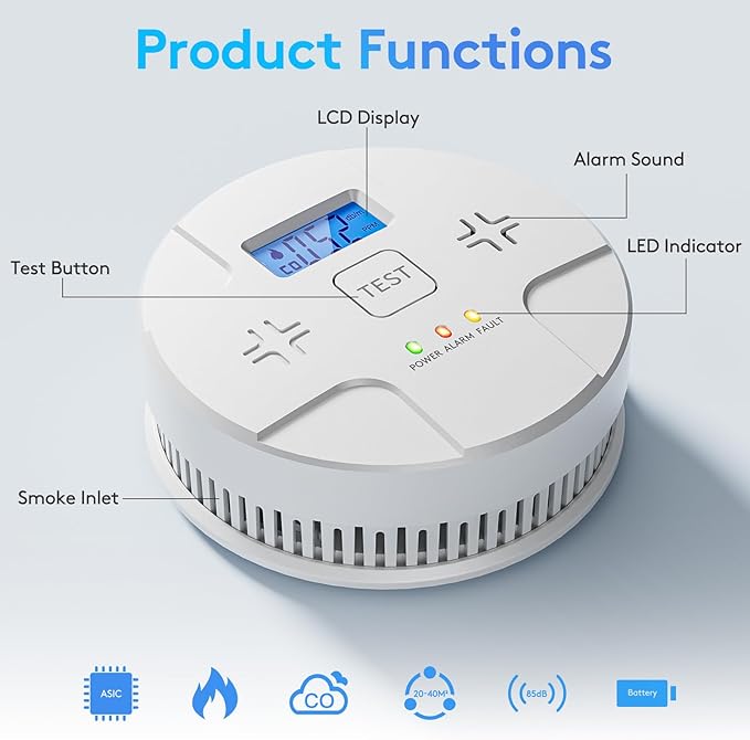 3 Packs,Smoke and Carbon Monoxide Detector, 2 in 1 Smoke CO Alarm, 85 dB Alert, Large Digital Display, Test Button, Battery Operated, LED Work Status, Easy Installation