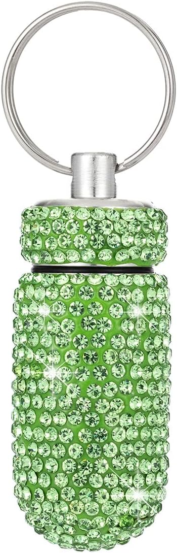 Pill Holder Keychain, Medicine Holder Pill Container Keychain Mini Size Waterproof and Light Weight Portable Pill Bottle Case, Bling Aluminum Key Chain for Outdoor Camping Traveling (Light Green)