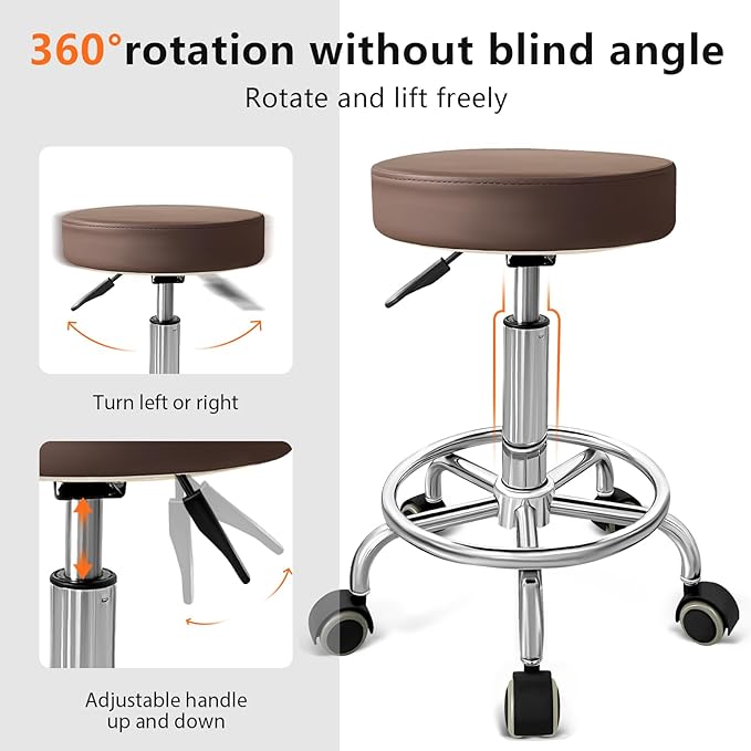 PU Leather Rolling Stool with Foot Rest Round Height Adjustment Swivel Spa Drafting Salon Tattoo Work Office Massage Vanity Stools Task Chair (Brown)