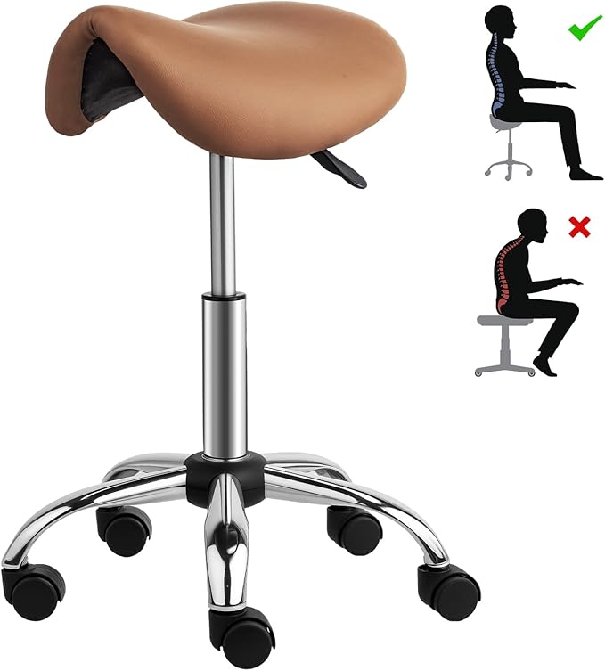 OmySalon Adjustable Saddle Stool with Footrest, Hydraulic Rolling Salon Chair, 360° Swivel Wheels Ergonomic Stool for Hair Stylists, Tattoo Artists, Office, Spa, Massage, Dental (Brown)