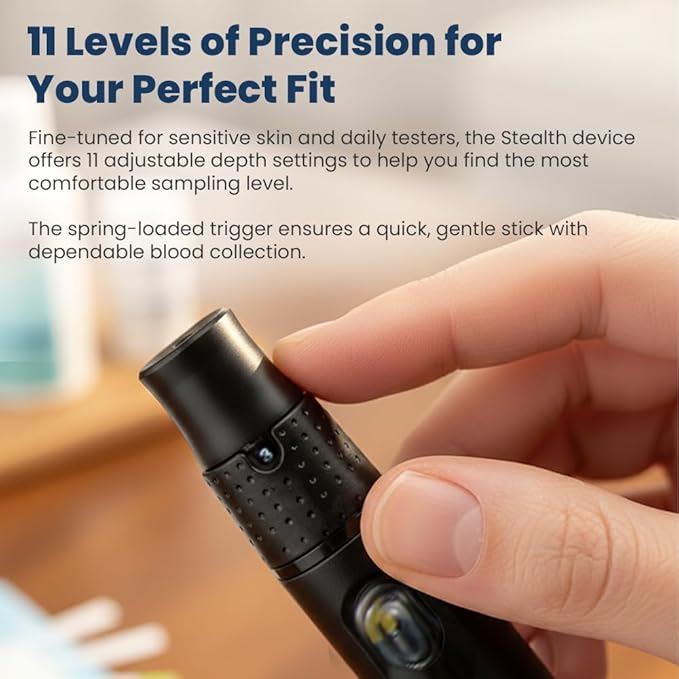 Stealth Adjustable Lancing Device for Blood Glucose Testing by On Call, 11 Depth Settings to Minimize Pain, Pen for Diabetes Monitoring