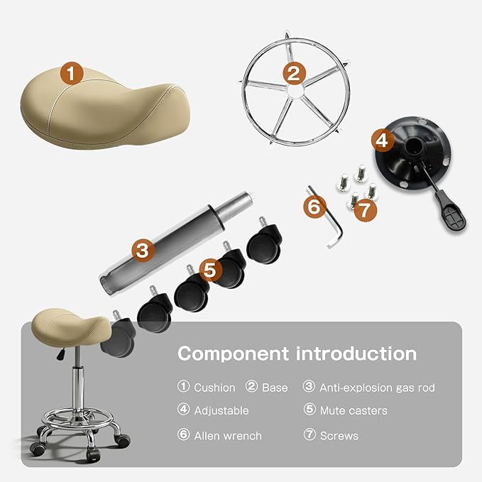 Saddle Stool with Ring Pedal, Adjustable Hydraulic Rolling Chair with Wheels for Medical, Massage, Salon, Spa, Kitchen, and Drafting Use