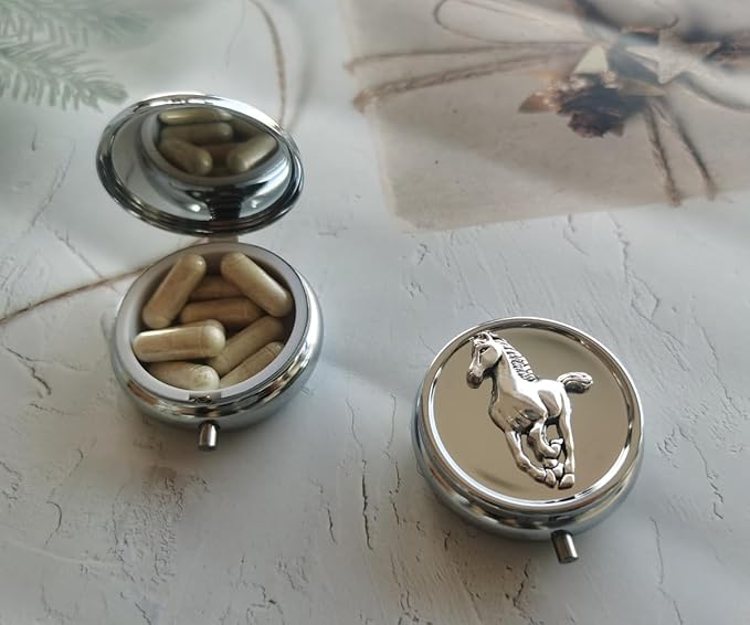 Medicine Pill Organizer Travel Pill Case - Small Pill Box for Purse, Mini Pocket Pill Case for Men, Cute Daily Pill Organizer Weekly Vitamin Pill Holder Round Metal Pill Box (Horse)