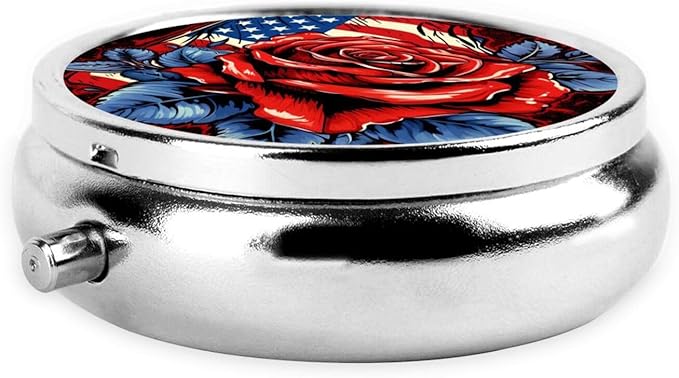 Patrotic Rose American Flag Pill Box 3 Compartment Pill Case, Portable Medicine Pill Organizer for Pocket Purse Pill Box Decorative Metal Medicine Vitamin Organizer