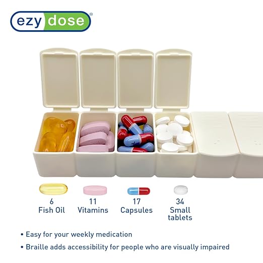 EZY DOSE Weekly (7-Day) Daily Pill Case, Embossed Matte Pill Case, Daily Medicine & Vitamin Organizer Box, Large Easy-Open Compartments, BPA-Free Medication Planner for Home & Travel, Cream