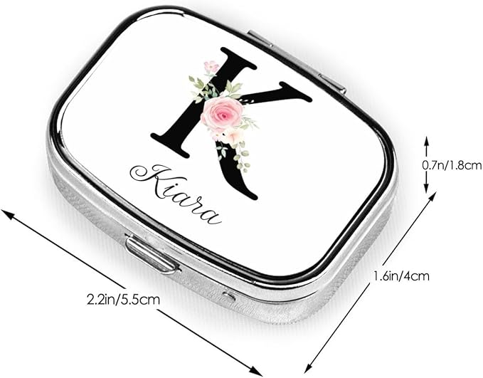 Custom Pill Box Personalized Square Small Pill Case with Mirror Add Your Photo Text Logo Name Decorative 2 Compartment Portable Metal Medicine Container Vitamin Organizer for Pocket Purse Travel (K)