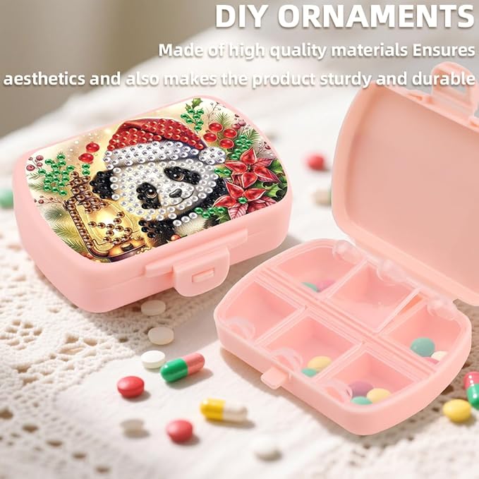 C'eitura 2pcs DIY Panda & Owl Diamond Art Painting Pink Pill Organizer with 6 Lid Detachable Compartments, Fun DIY Craft Project for Adults, Elegant Pill Case for Purse & Travel