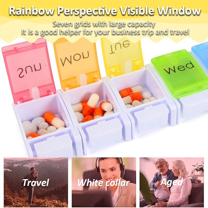 7 Day Pill Organizer, Removable Daily Cases with Rainbow Lids & Permanent Day Printing – No Stickers, Large Capacity Travel Medicine Holder for Pills, Vitamins & Fish Oil, Easy One-Handed Open (1/Day)