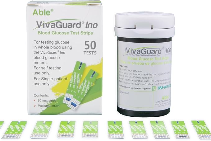 Vivaguard Ino Blood Glucose Test Strips for Diabetes - 50 Counts Accurate Diabetic Test Strips for Monitoring Blood Sugar - Compatible with Vivaguard Ino Glucometers Only, Green