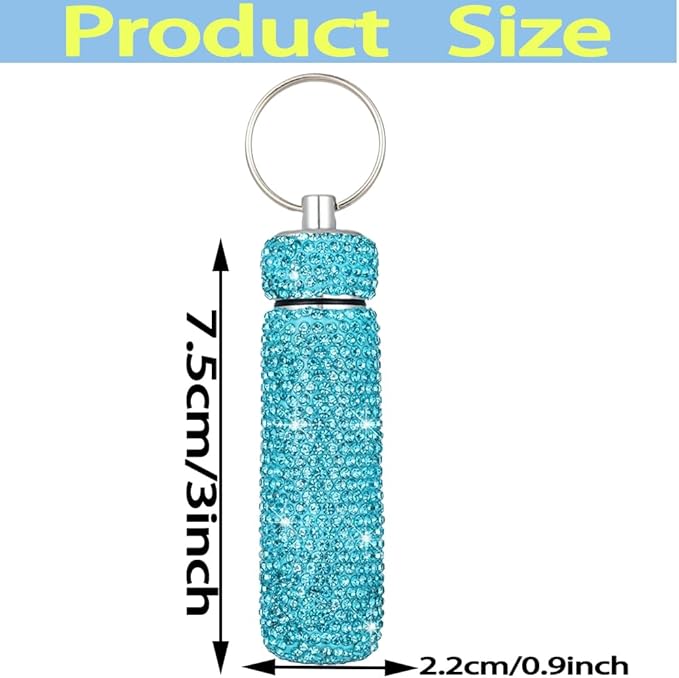 Bling Rhinestone Pill Case Portable Waterproof Pocket Pill Holder Bottle Storage with Keychain for Travel, Outdoor, Camping (lake blue)