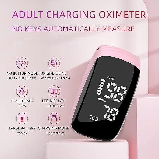 Rechargeable Pulse Oximeter with Accurate Fast Oximetry SpO2 Reading for Outdoor Sports & Home Use (Pink)