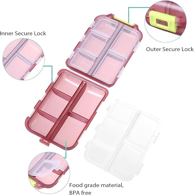 Travel Pill Organizer Portable Pocket Pill Case Small Pill Box for Purse Medicine Organizer Have 10 Compartments Storage Vitamin Fish Oil by INVODA (Red)