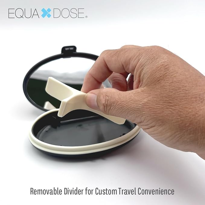 EQUADOSE Oval Compact Pill Case, Portable Organizer with Mirror, Travel Medication Holder with Removable Divider, Small Storage Case for Pills, Vitamins, Earbuds, Jewelry & Daily Essentials, Black
