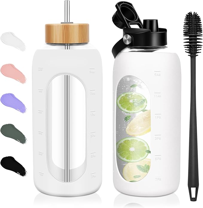 Glass Water Bottles 64 oz - Half Gallon Large Motivational Daily Water Intake Bottle Time Marker - Glass Water Bottle With Straw, Silicone Sleeve 2 Lids, Handle Spout & Bamboo Lid(White)
