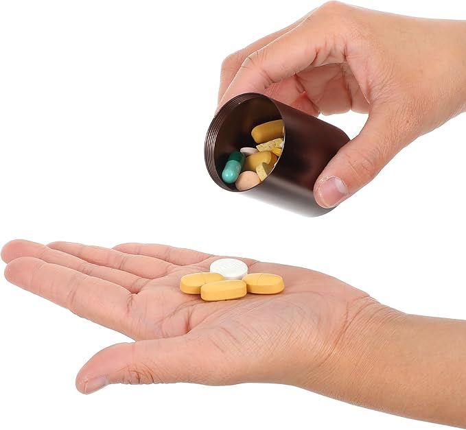 Portable Metal Small Pill Case, Round Aluminium Alloy Pill Holder Pocket Small Pill Box Waterproof Medicine Organizer Bottle Container for Travel Outdoor Vitamin Fish Oils (Brown)