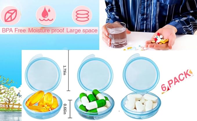 Small Pill Box (6 Pack) Travel Pill Container Small Pill Organizer Portable Daily Mini Medicine Case Holder for Pocket Purse Travel Medicine Cod Liver Oil Storage Box Earplug Case Blue