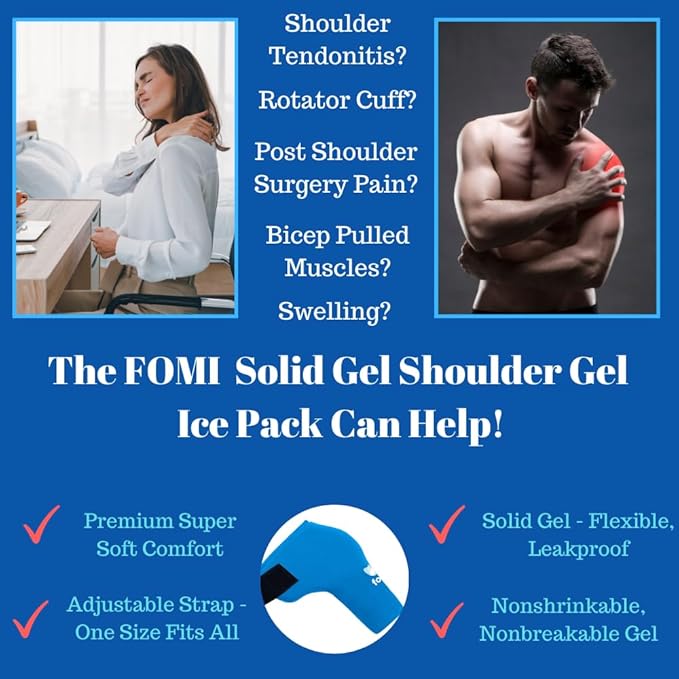 FOMI Premium Shoulder Hot Cold Solid Gel Ice Pack | Cooling Compression Therapy Wrap | Rotator Cuff, Tendonitis, Surgery Recovery Pain Relief | Comfortable Heating and Cooling Arm Compress