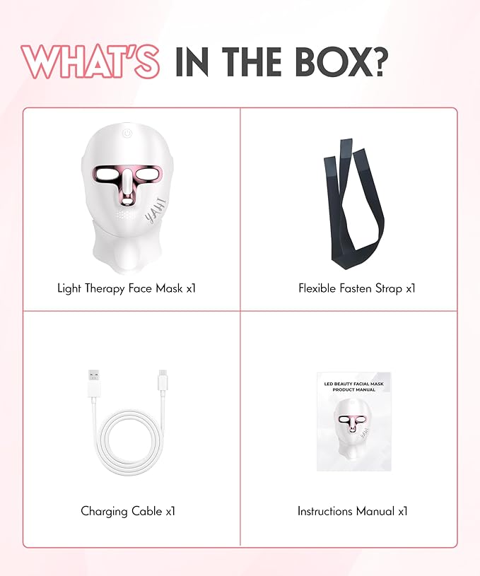 Yahi Red Light Therapy Mask for Face, Cordless 7-in-1 Red Light Mask with 850nm NIR LED Face Mask Light Therapy for Anti-Acne & Anti-Aging, USB-C rechargeable for Use at Home Work Travel, White