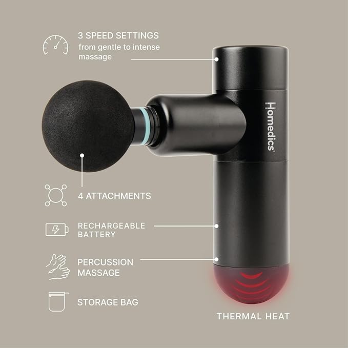 Homedics Therapist Select Compact Percussion Massager, 4 Attachments, Thermal Heat, Rechargeable Battery with 4-Hour Runtime, 3 Intensity Levels, Cordless for Travel