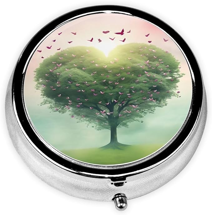 Heart Shaped Tree Butterfly Birds Pill Box 3 Compartment Pill Case, Portable Medicine Pill Organizer for Pocket Purse Pill Box Decorative Metal Medicine Vitamin Organizer