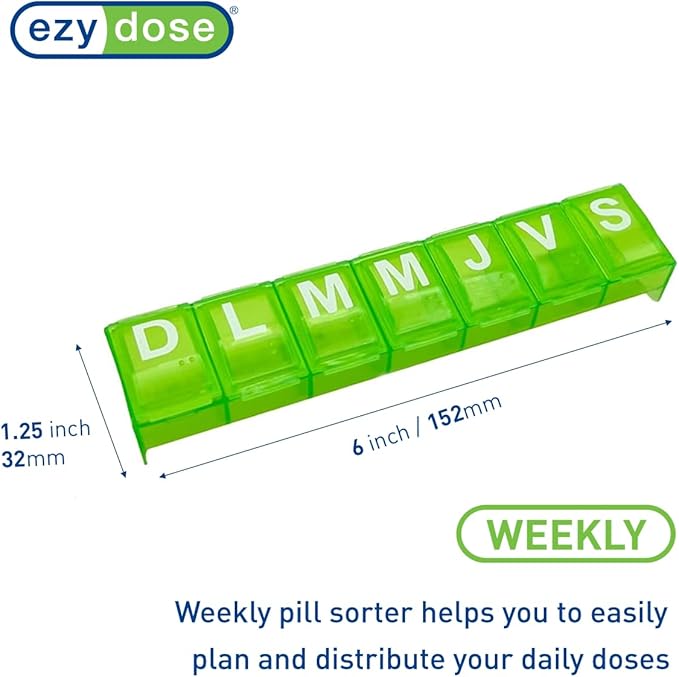 EZY DOSE Weekly (7-Day) Pill Organizer, Vitamin Planner and Medicine Box, Large Contoured Compartments for Easy Pill Removal, Color May Vary, Spanish Imprints