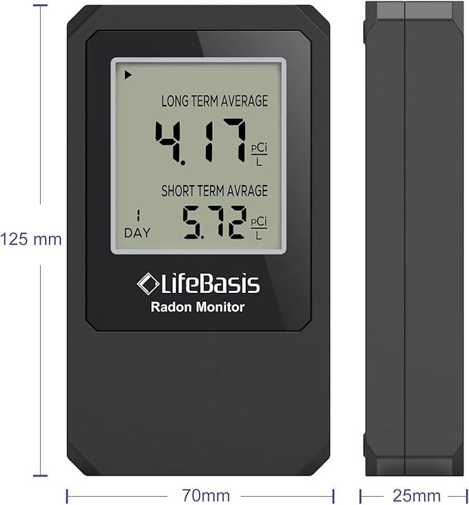 LifeBasis Radon Detector, Radon Test for Home with Long and Short Term Radon Meter, Home Radon Gas Monitor US Version-pCi/L (Update Version, Matte Black)