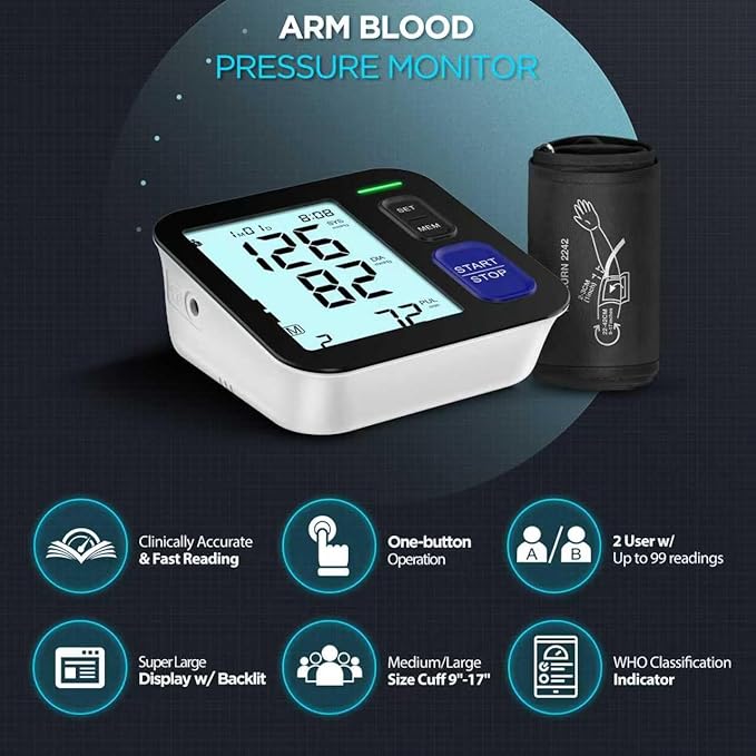Blood Pressure Machine Upper Arm, Medium/Large BP Cuff Fit Arms from Medium 9"-17", Accurate Automatic Digital BP Monitor Home Use, Large Backlit LCD, 2-User Mode, 4 AAA Alkaline Batteries Included