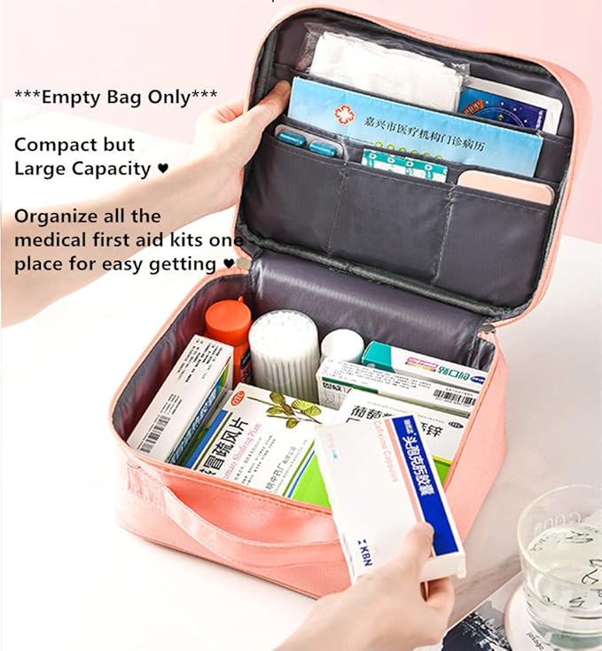 First Aid Kit Bag Empty Travel Medication Pouch Big Zippered Oxford Medical Survival Kit Carrier Handy Medicine Pills Drugs Package Organizer with 5 Pocket+1 Main Holder-9.8x7.9x5.3Inch (Pink-L)