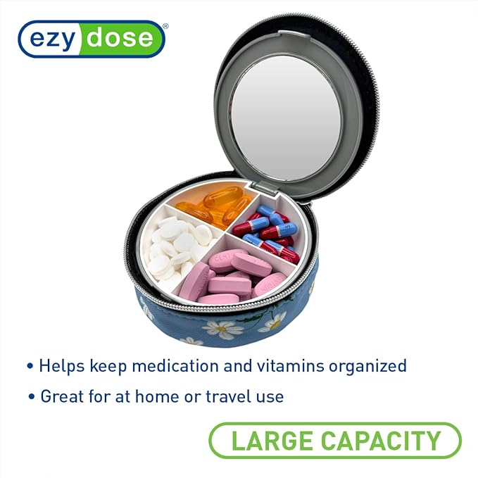EZY DOSE Travel Pill Organizer with Built-in Mirror, Features Zippered Daisy Case, Compact and Portable Medication Case for Daily Vitamins, Pills, and Medicine, Ideal for Travel and On-The-Go Use