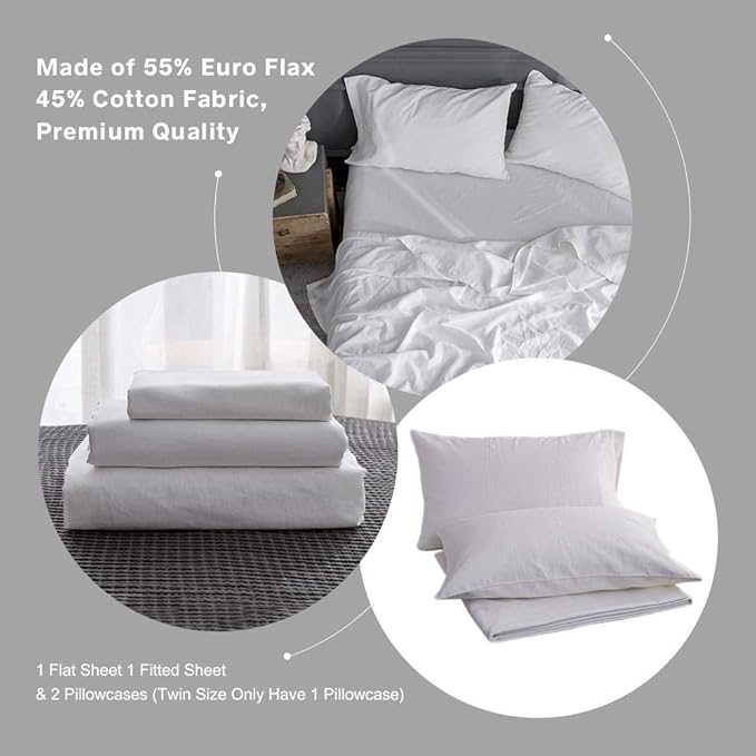 Simple&Opulence Belgian Linen Sheet Set Solid Color - Sheet Set 4PC - Cal King Natural Flax Cotton Blend Soft Bedding Breathable Farmhouse - White, California King
