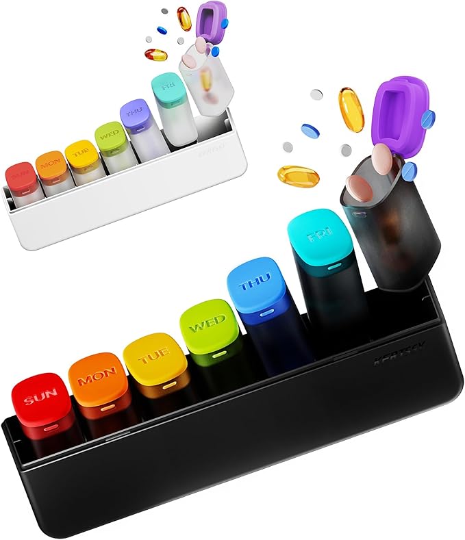 2 Packs Kertssy Weekly Pill Organizer 1 Time a Day - Black & White